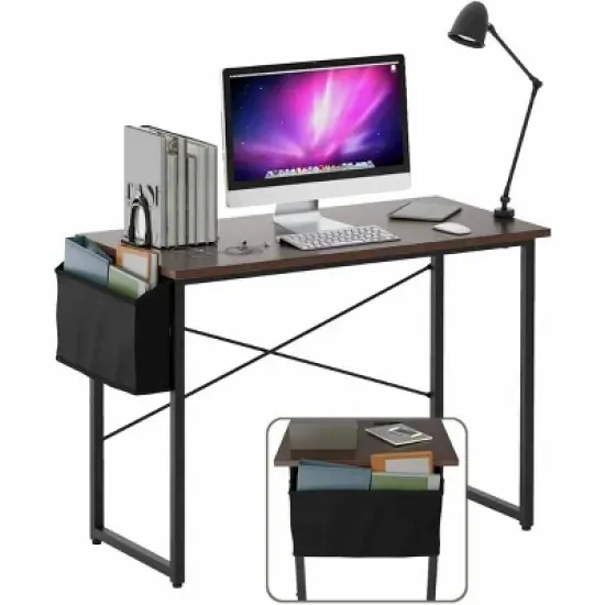 Costway 40''Modern Computer Desk Study Writing Table w/ Storage Bag Black/Coffee/Brown image {11}