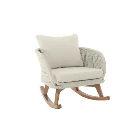 Christopher Knight Home Hattie Patio Contemporary Rattan and Acacia Wood Rocking Chair with Cushion image {4}