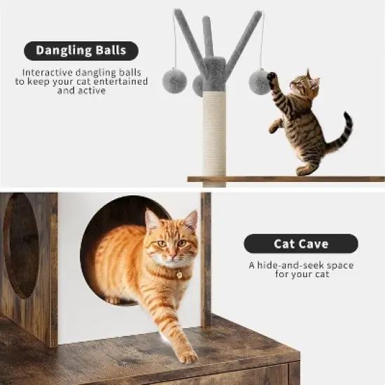 54in Tall 2-in-1 Wooden Cat Tree, Modern Multi-Level Pussy Tower Condo Toilet Furniture, Large Cat Play House, Scratching Post and Dangling Balls image {4}