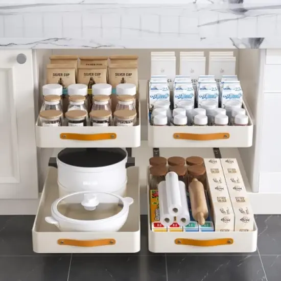 Pull Out Cabinet Organizer for Kitchen Cabinets, Stainless Steel Sliding Drawers, Peel and Stick Slide Out Pantry Shelves Organizers and Storage image {2}