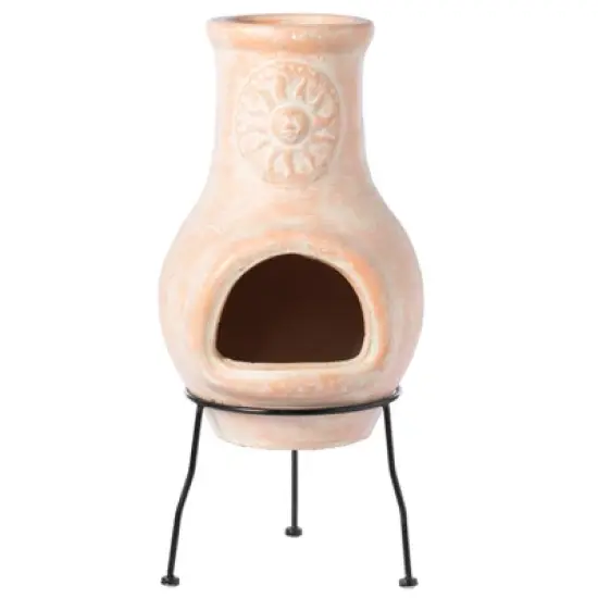 Vintiquewise Outdoor Clay Chiminea Sun Design Charcoal Burning Fire Pit with Metal Stand image {2}