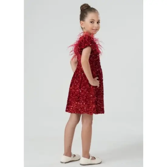 2Bunnies Girls' Christmas New Year Holiday Party Sequin Dress Feather Puff Sleeve image {5}