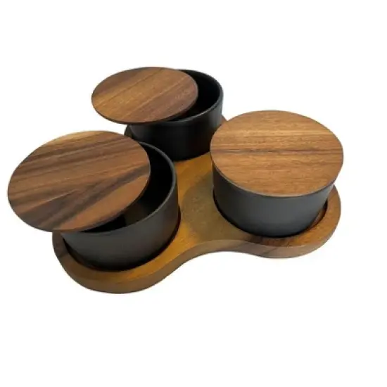 Kalmar Home Solid Acacia Triangular Serving Set with 3 Black Ceramic Dishes image {2}