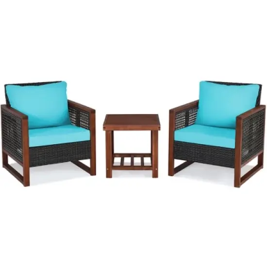 Costway 3PCS Patio Wicker Furniture Set Solid Wood Frame Cushion Sofa w/ Square Table Shelf image {4}