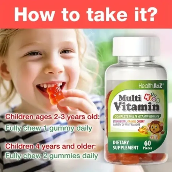 HealthA2Z - Kids Multivitamin Gummies Strawberry Orange Cherry Mixed Fruit - 60 Count image {7}