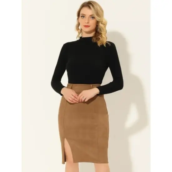 Allegra K Women's Faux Suede High Waist Belted Knee Length Slit Pencil Skirt image {1}