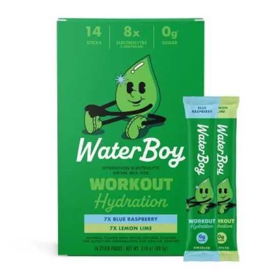 Waterboy Workout Hydration Sports Drink Variety Pack - Blue Raspberry + Lemon Lime - 3.16oz/14ct image {5}