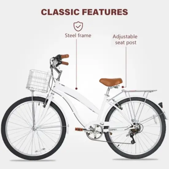 hykolity 26 inch Cruiser Bike Beach Bicycle City Bike Commuter Cycling 7 Speed for Adult Women Height 60-72 inch Front Basket Rear Rack Pale White image {4}
