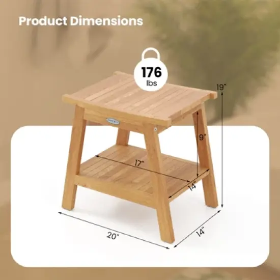Tangkula 20" Teak Wood Shower Bench w/ Storage Shelf Adjustable & Anti-slip Foot Pads Bathroom Spa Bathing Stool image {8}