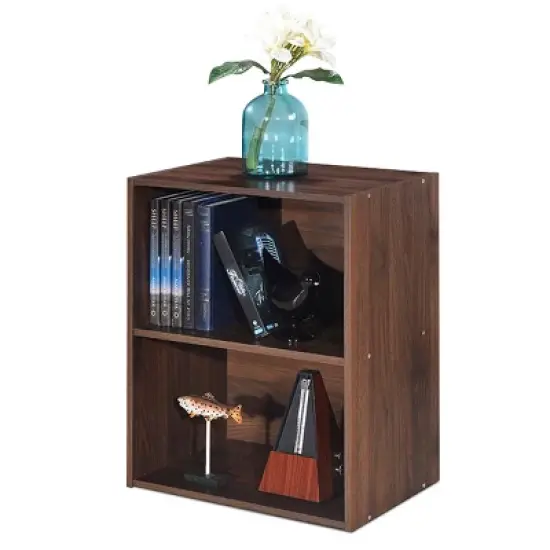 Costway 2PCS 2 Tier Open Shelf Night Stand End Table Sofa Side Storage Display Walnut image {2}