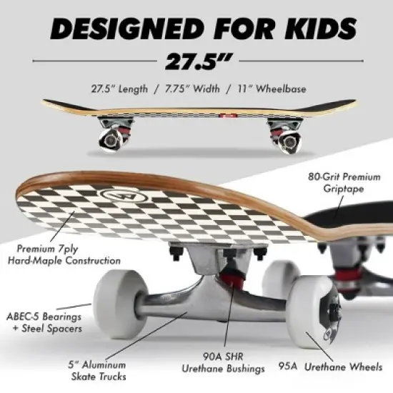Magneto Skateboard | Maple Wood | ABEC 5 Bearings | Double Kick Concave Deck | For Beginners, Teens & Adults (Checkered) image {7}