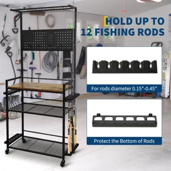 Fishing Rod Holders for Garage, Fishing Rod Storage Rack with Hooks & Wheels, Baker's Racks, Fish Pole Stand Organizer with Pegboard for Fishing Gear image {5}