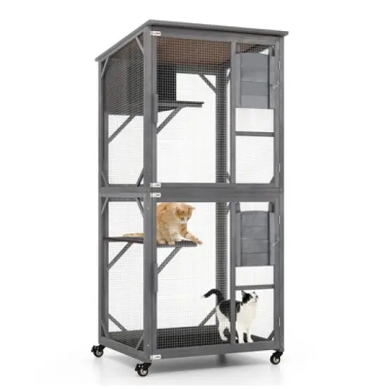 Tangkula Wooden Cat House 72" Indoor Outdoor Kitten Enclosure Kennel Condo on Wheels Grey image {9}