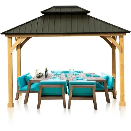Aoodor Patio Solid Wooden Gazebo 10 x 12.36 ft. Hardtop Roof 2 - Tier for Garden image {5}