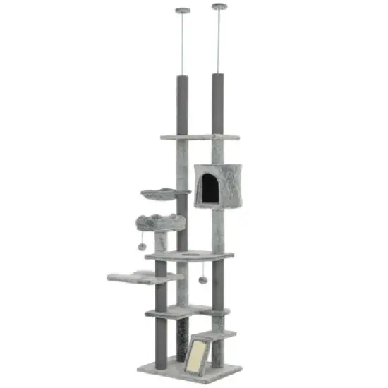 PawHut Floor to Ceiling Cat Tree, 89"-100" Adjustable Height Cat Climbing Tower Activity Center for Indoor Cats with Cat Perch, Condo & Hammocks, Gray image {3}
