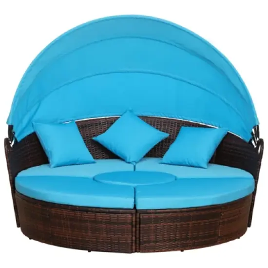 Outsunny 4-piece Cushioned Outdoor Rattan Wicker Round Sunbed or Conversational Sofa Set with Sun Canopy image {7}