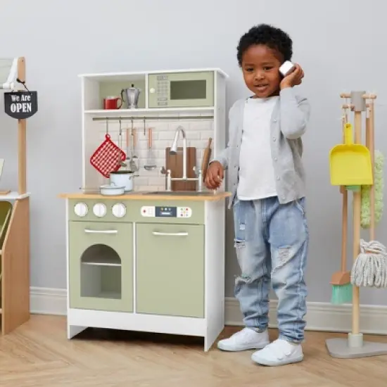 Teamson Kids Little Chef Boston Modern Wooden Kitchen Playset, White/Green image {1}