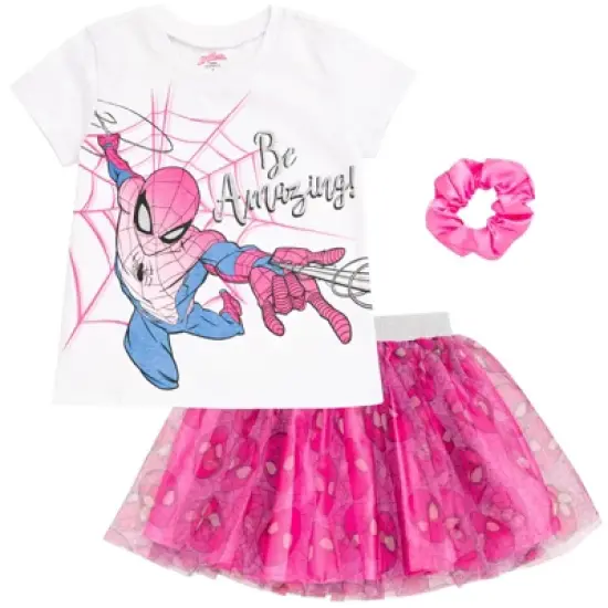 Marvel Spider-Man Girls T-Shirt Skirt and Scrunchie 3 Piece Outfit Set Toddler to Big Kid image {7}