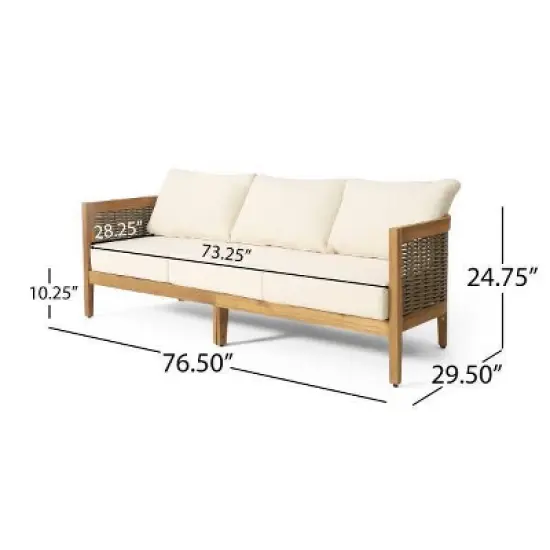 Burchett Outdoor Acacia Wood/Wicker Round 3 Seater Sofa with Cushions - Christopher Knight Home: Weather-Resistant Patio Furniture image {8}
