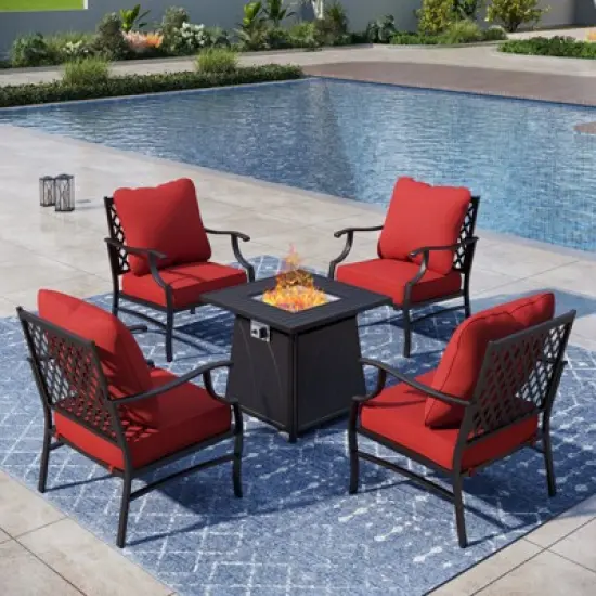 Captiva Designs 5pc Metal Patio Outdoor Conversation Fire Pit Set with Grid-back Armchairs for Garden, Poolside, Backyard image {13}