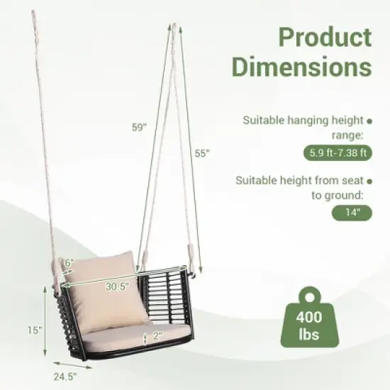 Tangkula Outdoor Metal Porch Swing Single Person Hanging Seat w/ Woven Rattan Backrest Porch Backyard image {8}