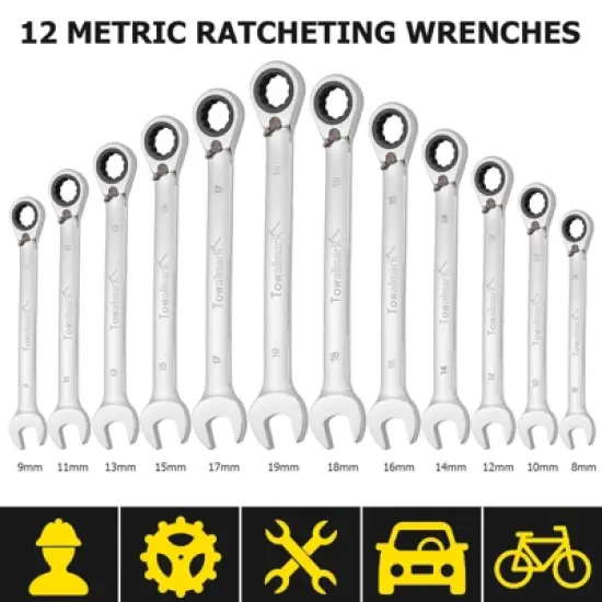 Reversible Ratcheting Wrench Set with Roll Pouch - Combination Metric Sizes for Professional Mechanics image {2}