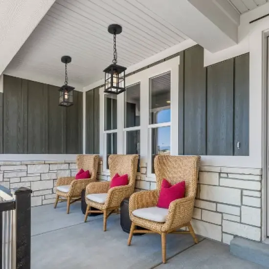 10.5" Metal/Glass Square Cage Modern Outdoor Pendant Light Black - LNC image {2}