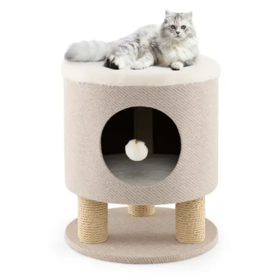 Costway 3-IN-1 Cat Condo Stool Kitty Bed with Scratching Posts & Plush Ball Toy Beige/Grey image {9}