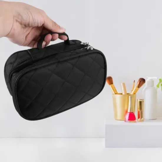Unique Bargains Travel Double LayerMakeup Bag Makeup Brush Holder Portable Makeup Organizer Bag Cosmetics Storage Bag Waterproof Black 1 Pcs image {5}