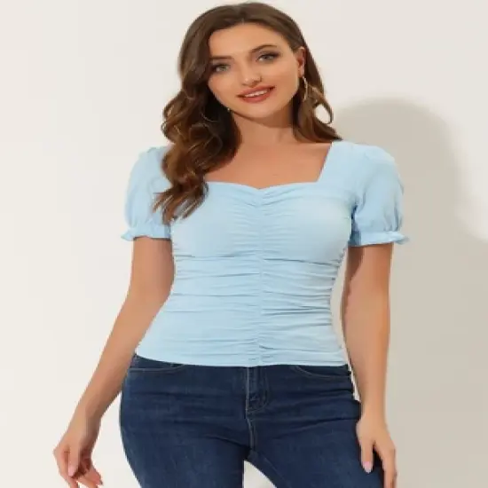 Allegra K Women's Square Neck Puff Sleeve Elegant Glitter Ruched Blouse image {2}