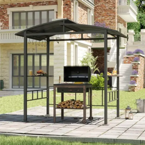 Costway 8' X 5' Hardtop Grill Gazebo with  Vented Polycarbonate Roof Side Shelves Hooks image {1}