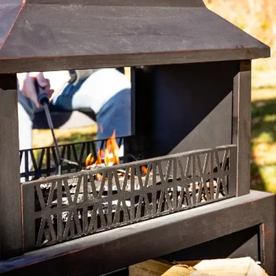 Sunnydaze Backyard Blaze Heavy-Duty Steel Outdoor Fireplace - Built-In Log Storage and Protective Cover - 35-Inch H - Brushed Bronze image {12}
