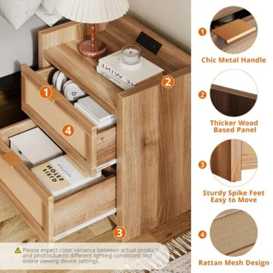 Night Stand Set of 2 Rattan Nightstands with Charging Station 23.6" Wide Boho Bedside Tables with 2 Drawers Modern Larger Nightstands, Brown image {4}