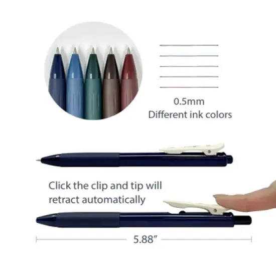 Wrapables Multi-Color Retractable Gel Pen Set (5 pack), 0.5mm Fine Point, for Writing, Journaling, Drawing, Home and Office, Classic image {1}