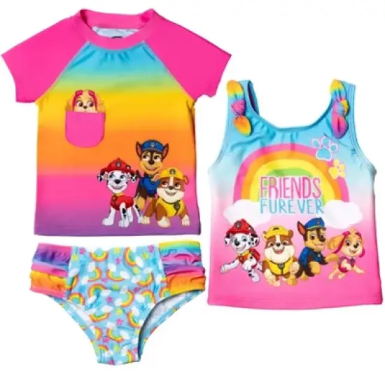Paw Patrol Rubble Marshall Chase Girls Rash Guard Tankini Top and Bikini Bottom 3 Piece Swimsuit Set Little Kid  image {8}