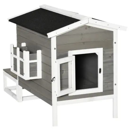 PawHut Wooden Wooden Cat House Feral Cat Shelter Kitten Condo with Escape Door, Porch and Flower Stand - Dark Gray/White image {3}