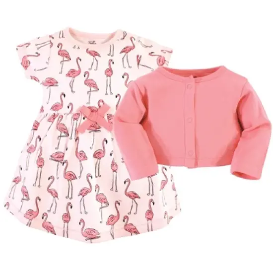 Touched by Nature Baby and Toddler Girl Organic Cotton Dress and Cardigan, Pink Flamingo image {2}