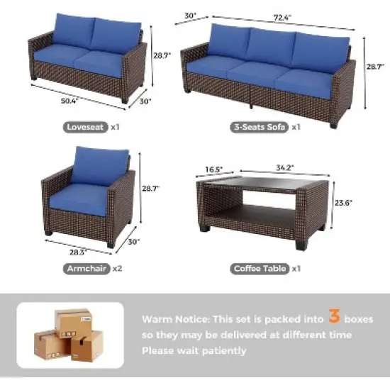 5-Piece Patio Furniture Set &ndash; Outdoor Seating with 7 Seats and Glass Coffee Table, All-Weather Rattan Modular Sofa with Soft Cushions image {6}