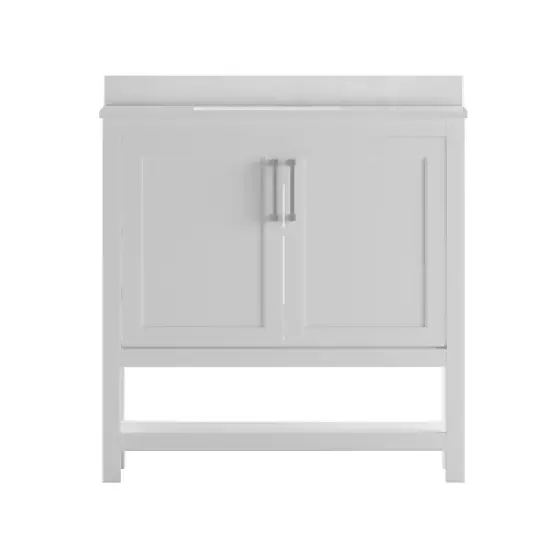 Merrick Lane Bathroom Vanity with Ceramic Sink, Carrara Marble Finish Countertop, Storage Cabinet with Soft Close Doors and Open Shelf image {2}