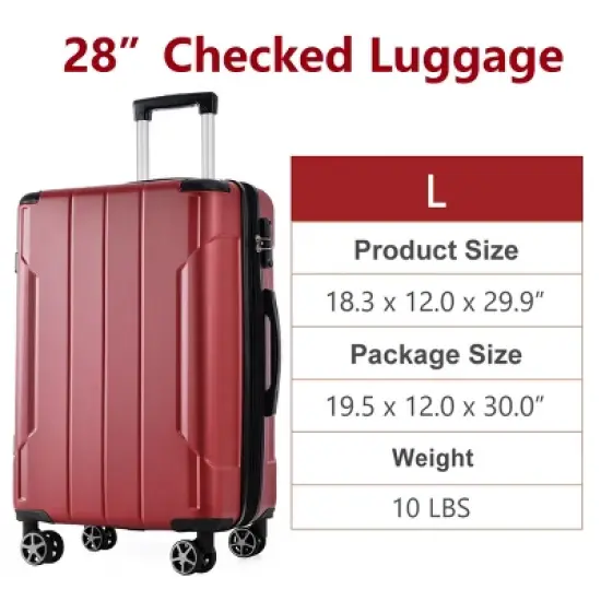 FURNIinspire Luggage 28 Inch Hardshell Suitcase, Checked Luggage, Lightweight Suitcases with Wheels for Travel, Business, Red, 12"*18.3"*29.9" image {2}