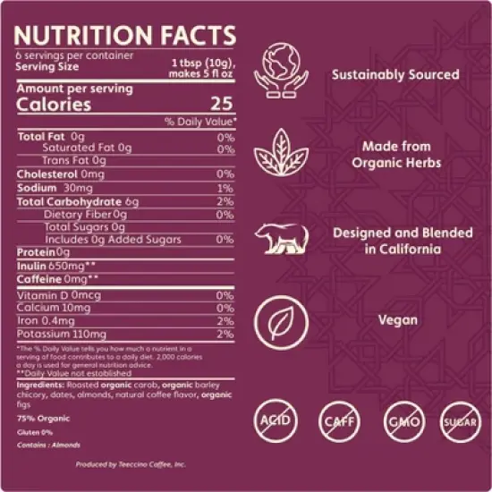 Teeccino Java Chicory Coffee Alternative - 11 Ounce - Ground Herbal Coffee That&rsquo;s Prebiotic, Caffeine Free & Acid Free, Medium Roast image {4}