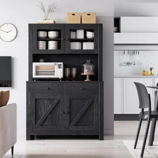 Kitchen Pantry Cabinet with Microwave Stand and Coffee Bar, Freestanding Hutch with Drawers, Doors & Adjustable Shelves image {6}