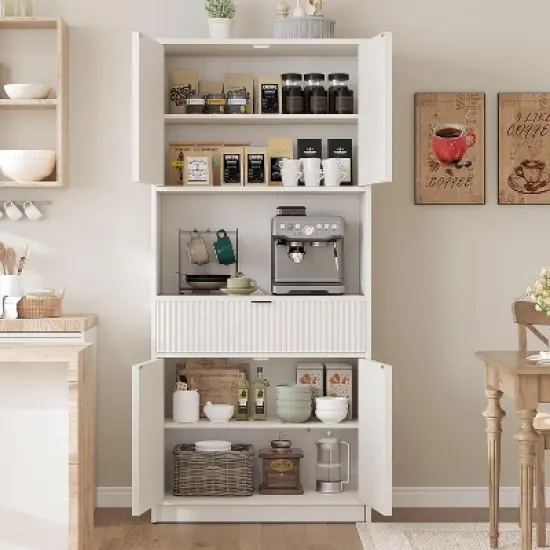 Acekool 70" Tall Kitchen Pantry Cabinet with Countertop, Fluted Doors, Adjustable Shelves, and Drawer, Freestanding Storage Cupboard image {5}