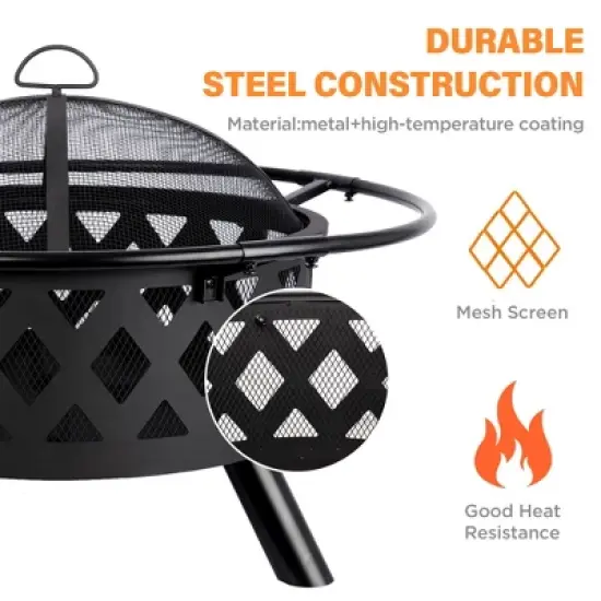 Bestier 20" Fire Pit for Outside Wood Burning, Round Outdoor Fire Pit with Screen and Poker, Brown Steel Fire Pit for Backyard Garden Bonfire Patio image {4}