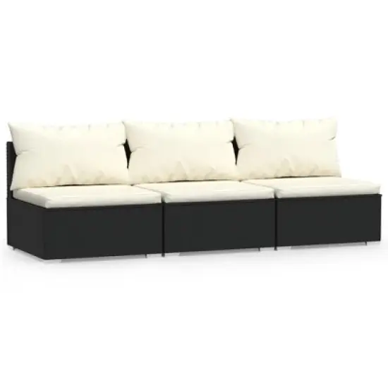 vidaXL Black Patio Furniture Poly Rattan - Cream Cushions - 3 Seats - Middle Sofa image {8}