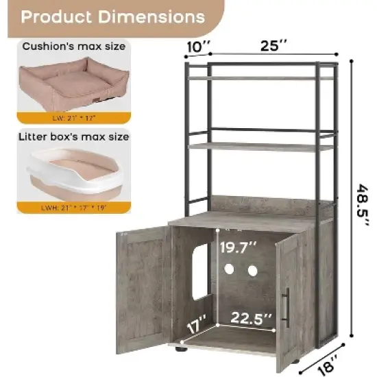 Cat Litter Box Enclosure with Storage Shelves and Double Doors, Hidden Cat Cabinet, Grey/Brown image {5}