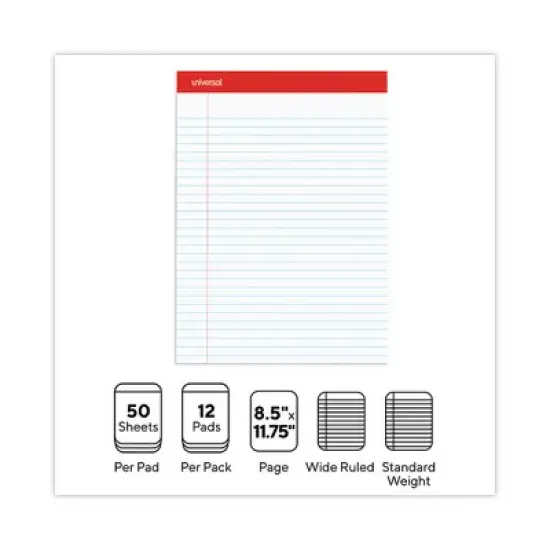 Universal Perforated Ruled Writing Pads, Wide/Legal Rule, Red Headband, 50 White 8.5 x 11.75 Sheets, Dozen image {4}