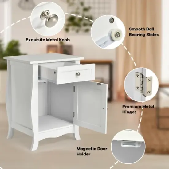 Costway 2PCS Accent End Table with Drawer Storage Cabinet Nightstand White image {7}