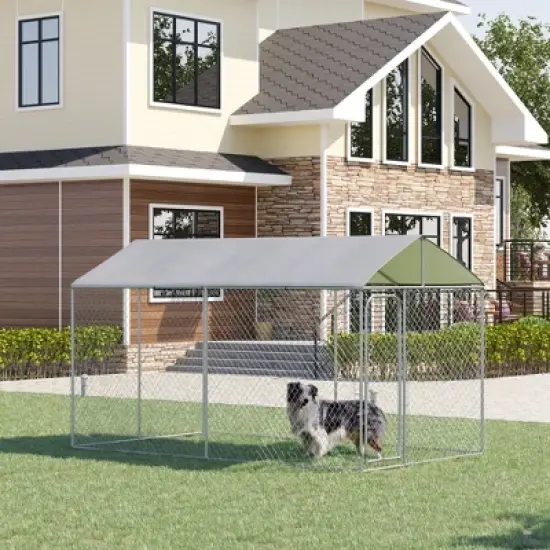 PawHut Dog Kennel Outdoor Heavy Duty Playpen with Galvanized Steel Secure Lock Mesh Sidewalls and Waterproof Cover for Backyard, 13' x 7.5' x 7.5' image {2}