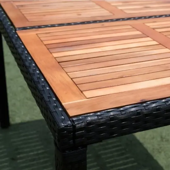 YOOCOZZ 7-Piece Outdoor PE Rattan Dining Set with Acacia Wood Handrail and Tabletop - Black+Cream image {10}